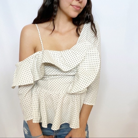 DO+BE Tops - Do + Be Polka Dot One Shoulder Peplum Ruffle Top